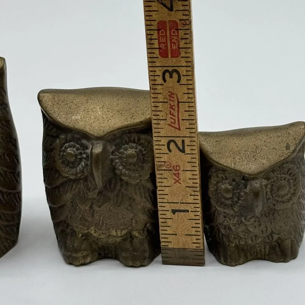 LEONARD Solid BRASS Owl Set Of 3 Figures Paperweights VINTAGE Rare Korea‎